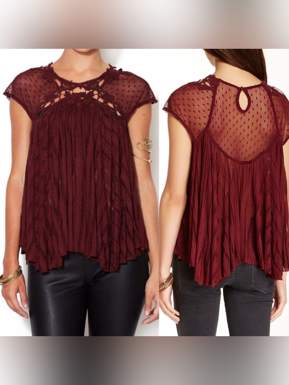 Free People ‘Stars Align’ Sheer Swiss Dot Swing Top in Wine Red size Small - Picture 3 of 13
